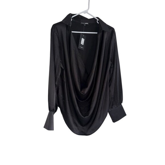 NWT Fashion Nova Touch By Touch Satin Blouse Draped Drop Neckline XL Black - Picture 1 of 8
